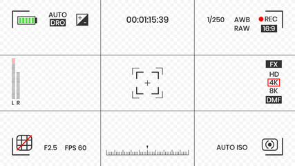 Camera viewfinder video or photo frame recorder flat style design vector illustration. Digital camera viewfinder with exposure settings and focusing grid template.
