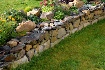 the dry wall serves as a terrace terrace for the garden, where it holds a mass of soil. the wall is slightly curved, which helps it to stabilize better. planting perennials and rock gardens - obrazy, fototapety, plakaty