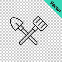 Black line Shovel and rake icon isolated on transparent background. Tool for horticulture, agriculture, gardening, farming. Ground cultivator. Vector