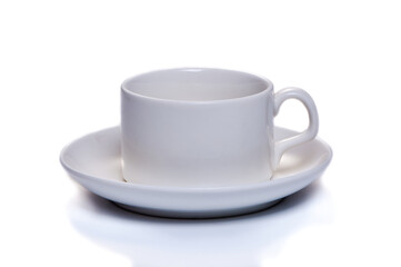white coffee cup with saucer on white isolated background