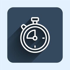 White line Stopwatch icon isolated with long shadow background. Time timer sign. Chronometer sign. Blue square button. Vector