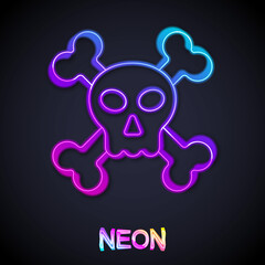 Glowing neon line Skull on crossbones icon isolated on black background. Happy Halloween party. Vector