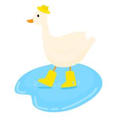 A duck wearing a yellow hat and yellow boots is walking on the water in the rain. Vector illustration.