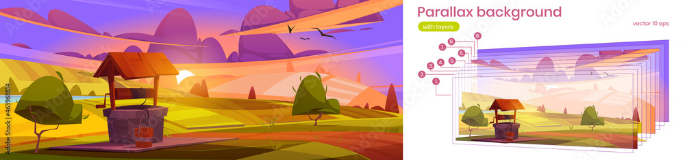 Poster parallax background for game, old stone well with drinking water on hill with farm fields around. su