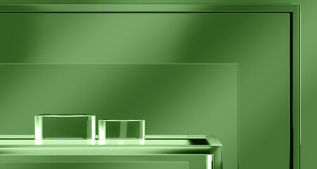 Glass platform on gradient green background, Background for product presentation. 3d rendering