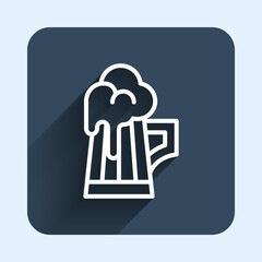 White line Wooden beer mug icon isolated with long shadow background. Blue square button. Vector