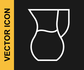 White line Jug glass with water icon isolated on black background. Kettle for water. Glass decanter with drinking water. Vector