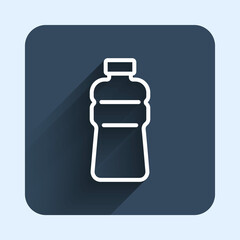 White line Bottle of water icon isolated with long shadow background. Soda aqua drink sign. Blue square button. Vector