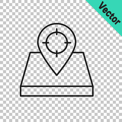 Black line Hunt place icon isolated on transparent background. Navigation, pointer, location, map, gps, direction, place, compass, contact, search. Vector