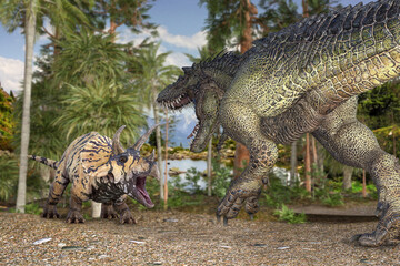白っぽい小さなトリケラトプスと獲物を食べようとヨダレを垂らした肉食アロサウルスみたいな恐竜
