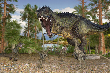 森で４頭のラプトルに囲まれるアロサウルスみたいな恐竜が大きな口を開けて威嚇する