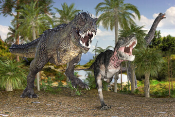 ブラキオサウルスがいる森で小さな肉食恐竜を食べようと追いかけるアロサウルスみたいな恐竜
