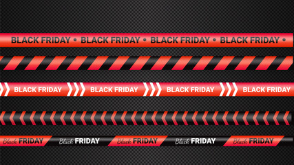 Black Friday red warning tapes, ribbobs. Template for black Friday sale. Background with danger tapes, police ribbon sign variation. Vector illustration.