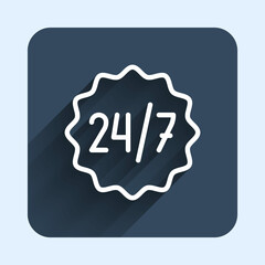 White line Clock 24 hours icon isolated with long shadow background. All day cyclic icon. 24 hours service symbol. Blue square button. Vector