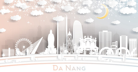 Da Nang Vietnam City Skyline in Paper Cut Style with White Buildings, Moon and Neon Garland.