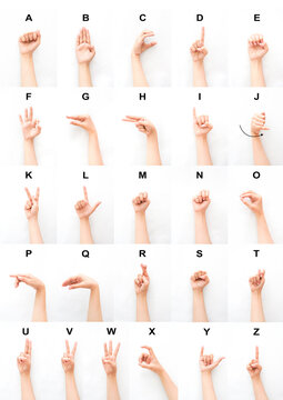 the fingerspelling of the alphabet in american sign language. learn how to communicate with the deaf-mute internationally.