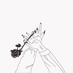 Vector illustration with women's hands holding a rose. In minimalist style. Illustration for stickers, logo, posters, postcards, prints, tattoos
