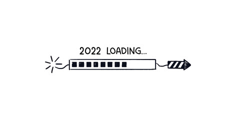 Firecracker loading bar. Doodle download bar filled with square indicators. 2022 progress is coming soon. Vector Hand-drawn sketch with quote from above isolated on white background. - obrazy, fototapety, plakaty