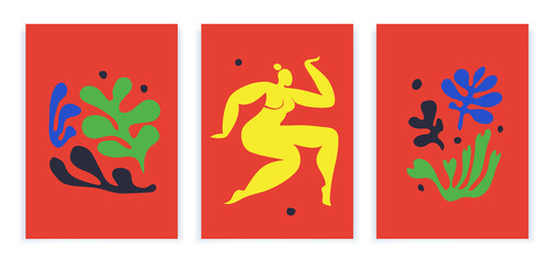 Woman dancing. Posters Abstract art inspired by Henry Matisse. Cut out woman and different plants on a red background. Contemporary trendy Vector illustration of vertical posters isolated.
