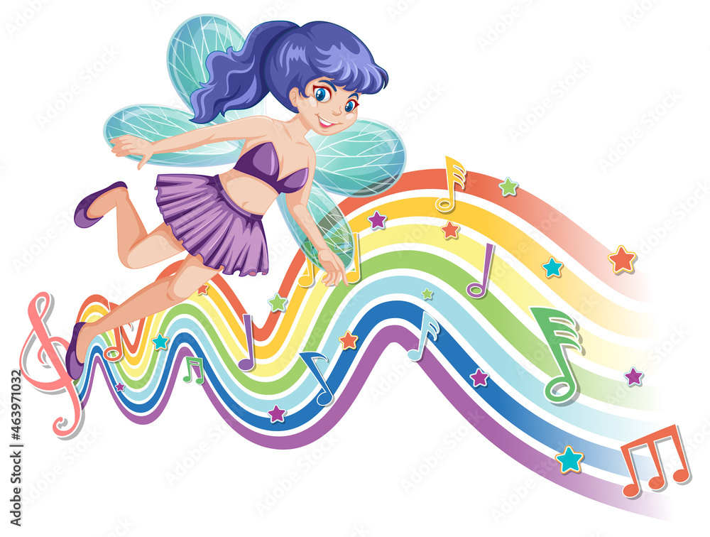 Poster Cute fairy cartoon character with melody rainbow wave