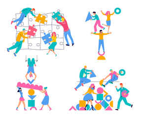 Business men and women connecting puzzle elements.