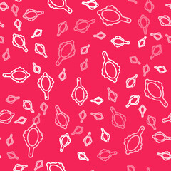 White line Magic hand mirror icon isolated seamless pattern on red background. Vector