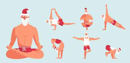 Set of Santa Claus character doing yoga poses.