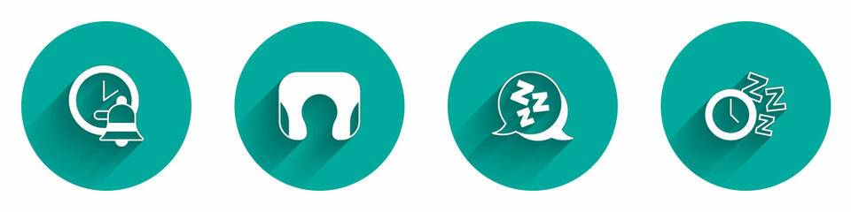 Set Alarm clock, Travel neck pillow, Sleepy and icon with long shadow. Vector