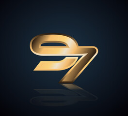 97 Gold Number Logo 3D Shine in Dark Background with Realistic Reflection