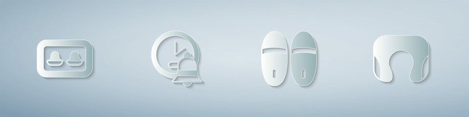 Set Earplugs with storage box, Alarm clock, Slippers and Travel neck pillow. Paper art style. Vector