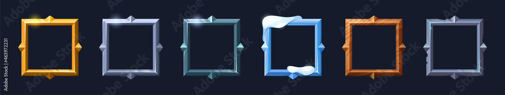Poster square frames for game ui design. vector cartoon set of user interface elements with border with gol