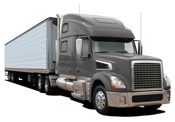 Modern truck with a semi-trailer and a gray cab. Front side view isolated on white background.