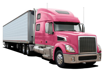 Modern truck with a semi-trailer and a pink cab. Front side view isolated on white background.