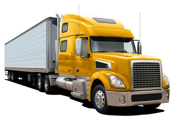 A modern American truck with a semi-trailer and a yellow cab. Front side view isolated on white background.