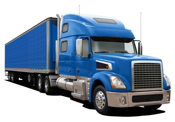 Modern truck with semi-trailer in completely blue color. Front side view isolated on white background.