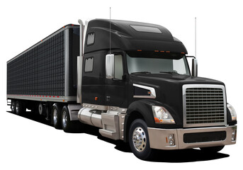 Modern truck with semi-trailer in completely black color. Front side view isolated on white background.