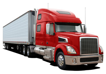 Modern truck with a semi-trailer and a red cab. Front side view isolated on white background.