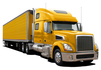 Modern truck with semi-trailer in completely yellow color. Front side view isolated on white background.
