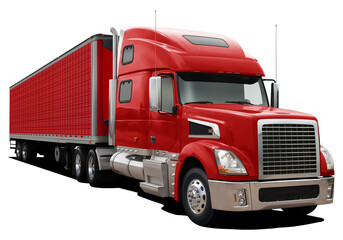 Modern truck with semi-trailer in completely red color. Front side view isolated on white...