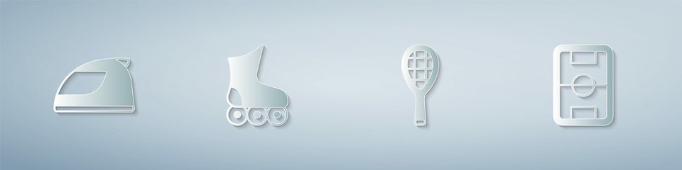 Set Racing helmet, Roller skate, Tennis racket and Football field. Paper art style. Vector