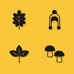Set Leaf, Mushroom, and Winter hat icon with long shadow. Vector