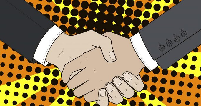 Two businessmans are handshaking. Hand shake flat poster design animation.