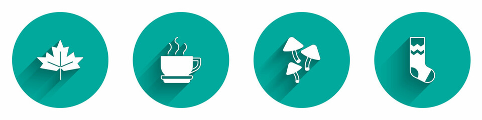 Set Canadian maple leaf, Coffee cup, Mushroom and Socks icon with long shadow. Vector