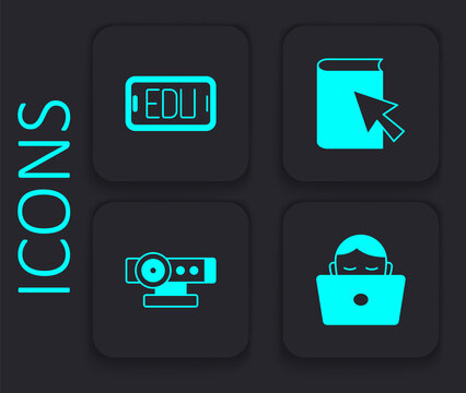 Set Student working at laptop, Online education, book and Web camera icon. Black square button. Vector