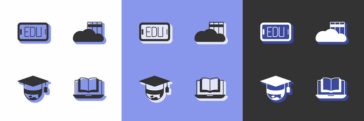 Set Online class, education, Graduation cap globe and Cloud or online library icon. Vector