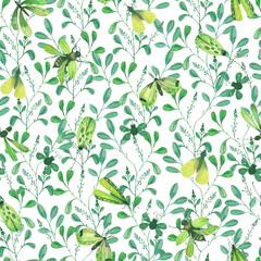 Fototapeta na wymiar Green summer pattern hand drawn with watercolor. Bright beetles, dragonflies and butterflies in a joyful color scheme.
