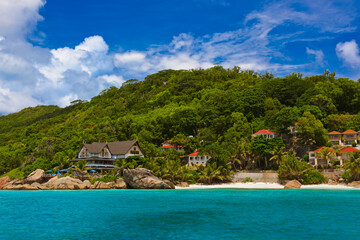 Fototapeta na wymiar Hotel on tropical beach - La Digue Seychelles
