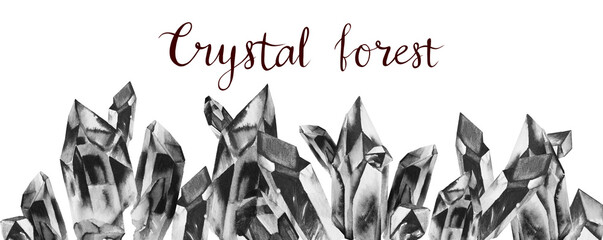 Crystal decorative border in the watercolor style. Hand-drawing black and white frame for postcard, web design or post in social networks.
