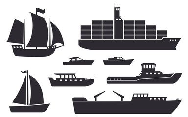 Ships and boats. Set of vector icons: sailboat, yacht, container ship, passenger and cargo ships. Shipping, transport and nautical logistics. Black outlines on white background. Various types of ships