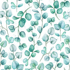 Green seamless pattern in the watercolor style. Tender spring background with the leaves for postcards, fabrics and prints. 
